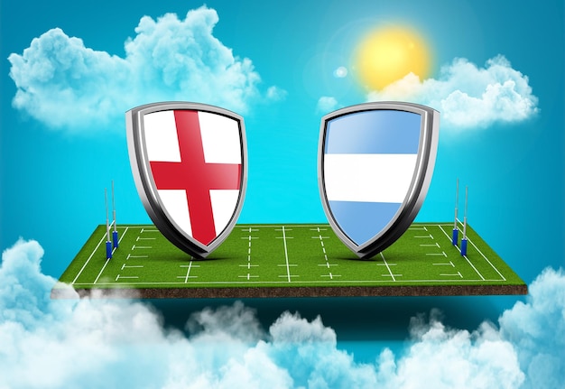 3d England Versus Argentina Shield Icons On Rugby Stadium With Green Grass Field 3d illustration