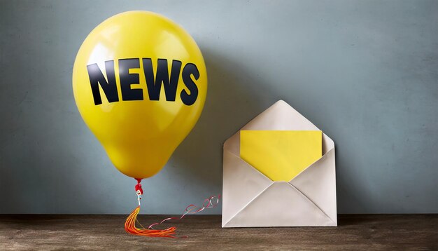 Foto 3d envelop en een gele ballon met het woord nieuws