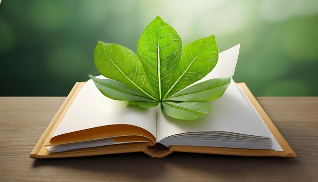 Foto busta 3d e un libro con una foglia verde all'interno