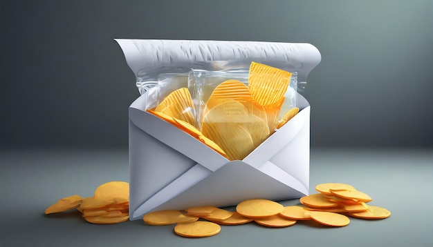 Photo 3d envelope full of plastic package with chips in it