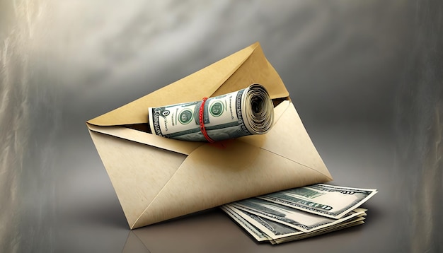 Фото 3d конверт с рулоном долларовых купюр_ финансовая концепция