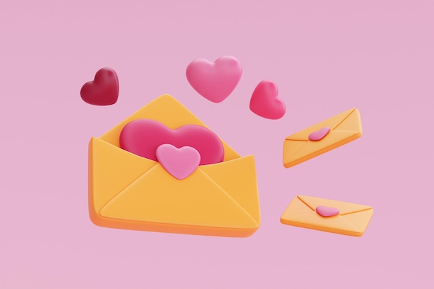 3d Envelopes with heartshape balloons isolated on pink background Element decor for Valentine's Day Mother's Day or birthday 3d rendering