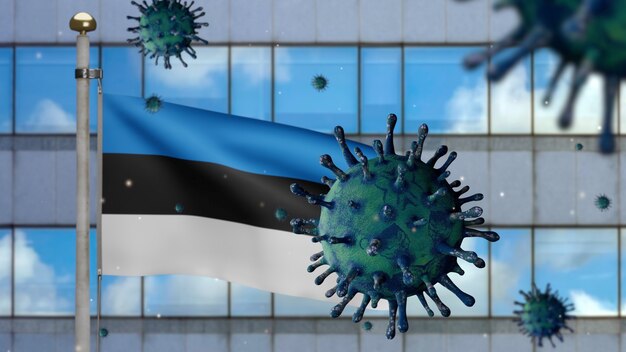 3D, Estse vlag die zwaait met moderne wolkenkrabberstad en Coronavirus 2019 nCov-concept. Aziatische uitbraak in Estland, coronavirussen influenza als gevaarlijke griepstamgevallen als pandemie.