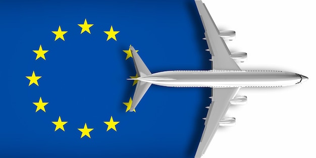 3d eu flag with an airplane flying over it