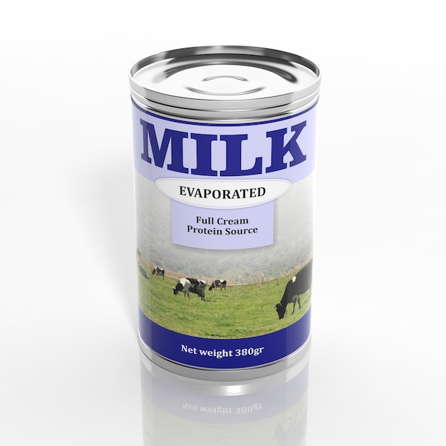 Фото Металлическая банка сгущенного молока 3d, изолированная на белом