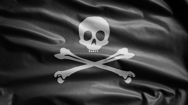 Foto 3d, trama del tessuto del teschio pirata con bandiera di ossa che ondeggia nel vento. simbolo del pirata calico jack per il concetto di hacker e ladro. bandiera realistica dei pirati nera su superficie ondulata