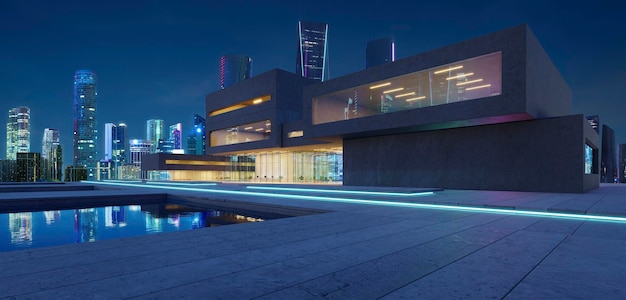 3d Facades of modern buildings in the business district at night