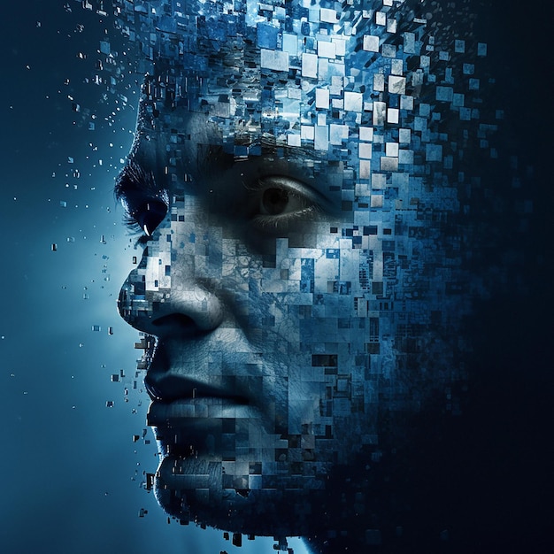 3D 얼굴은 추상적이고 미래 지향적이며 인공 지능 디지털 픽셀 및 파란색 배경에서 인공 지능으로 생성된 사람 얼굴 인식 또는 창의적인 디자인을 위한 그래픽 미래 및 인간 머리 디자인
