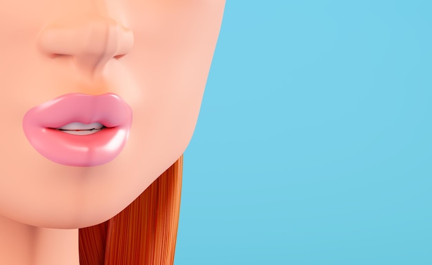 3d face of a young woman, close-up. Smiling 3d woman with white teeth. Concept of plastic surgery