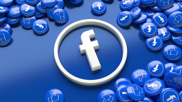 Logo di facebook 3d su uno sfondo blu circondato da molte pillole lucide di facebook