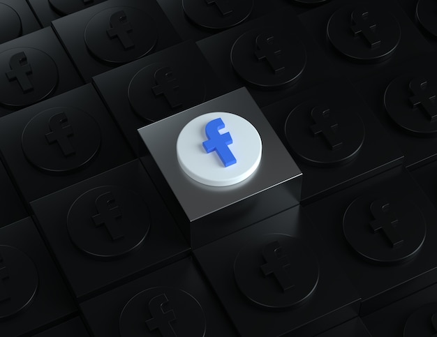 3d facebook-logo op een zilveren standaard met donkere logo's op de achtergrond