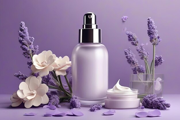 3D facial repair creams Dropper bottle glass jar on elegant lavender stage with paper cut flowers