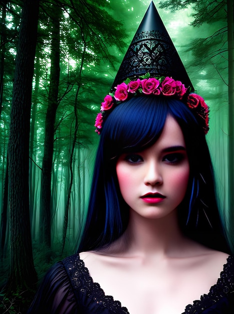 A 3D fairytale forest with a dark atmosphere and a neon color palette Generative AI Generated