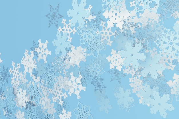 3D falling Christmas snowflakes on winter blue background Merry Christmas and Happy New Year design