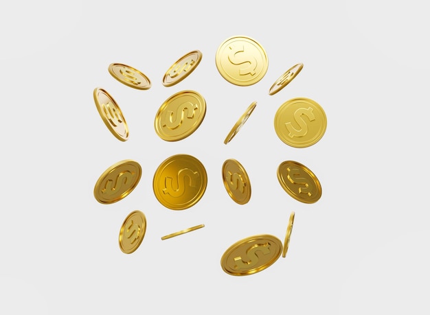 3d Falling Golden Shiny United States Dollar Rounded Coins On White Background 3d Illustration