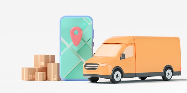 3d fast delivery service concept. delivery van with smartphone
gps map, custom location and online order tracking. 3d render
illustration