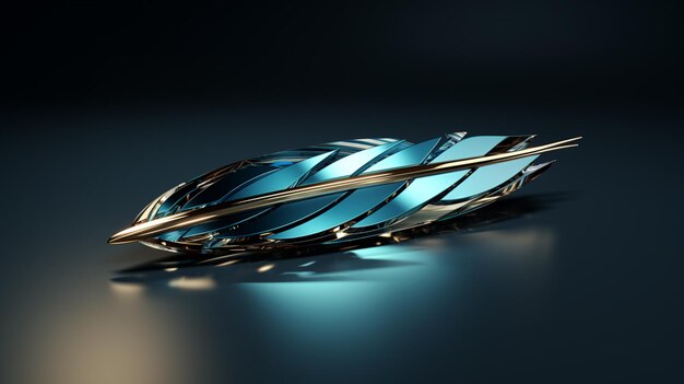 3d feather with gold and blue in the style of chrome reflections