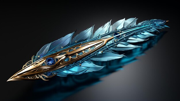 Photo 3d feather with gold and blue in the style of chrome reflections