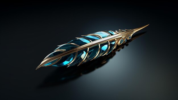 Photo 3d feather with gold and blue in the style of chrome reflections