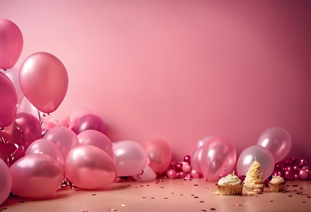 3d feestelijke verjaardag met doos geschenk witte roze en gouden helium ballonnen achtergrond