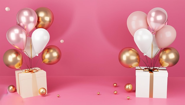 3d Feestelijke verjaardagverjaardag met doos cadeau witte roze en gouden helium ballonnen achtergrond 4