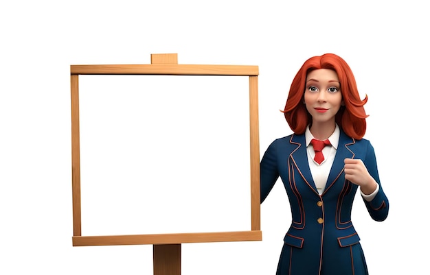 3d female character in formal wear having a board in her hand