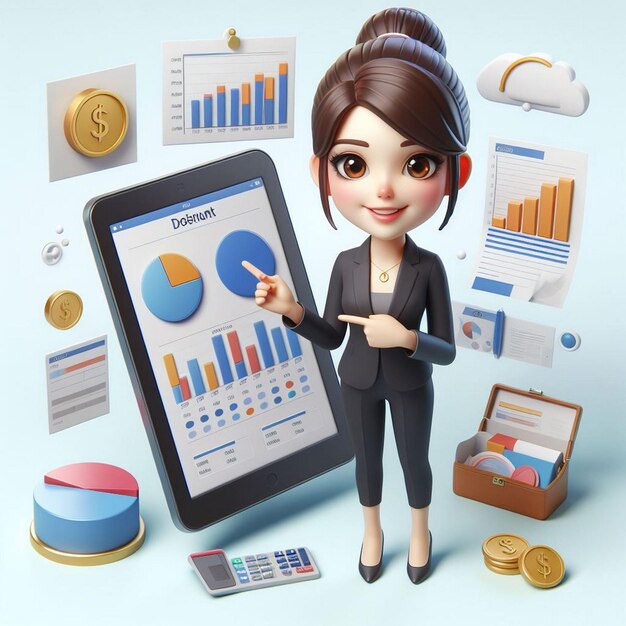 Photo 3d female character holding tablet and pointing to pie chart