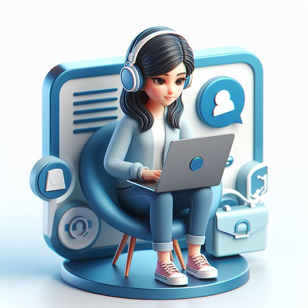 3D-женский персонаж работает на ноутбуке, сидя в кресле