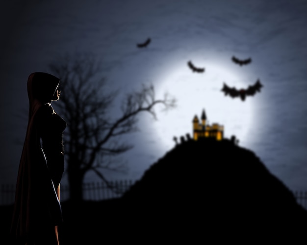 3D female in cloak against a defocussed Halloween background