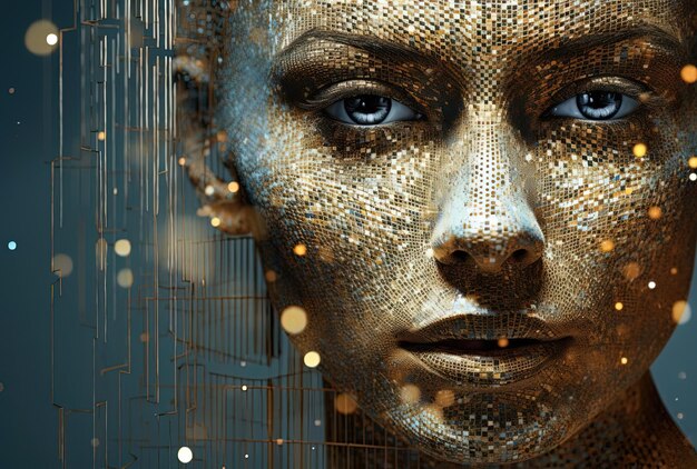 3d female face in digital world by shirazi in the style of glimmering light effects