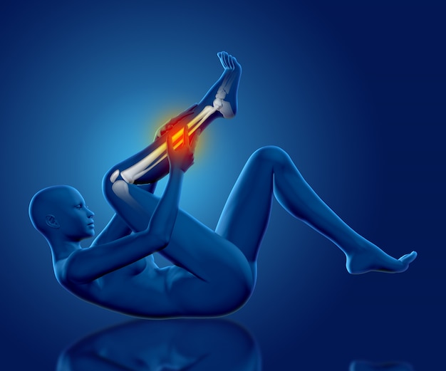 3D female medical figure holding lower leg in pain