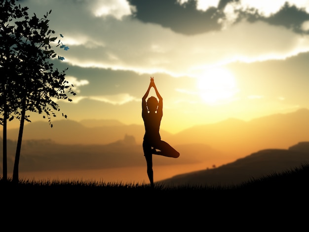 3D female in yoga pose against a sunset landscape