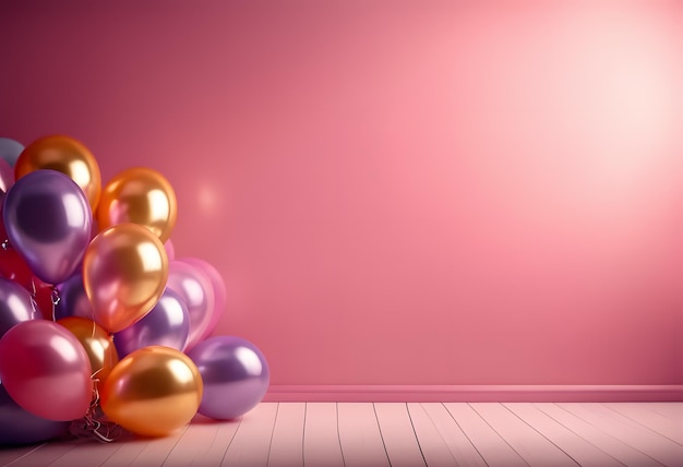 3d 축제 생일 기념일 박스 선물 색, 분홍색 및 금색 헬 풍선 배경