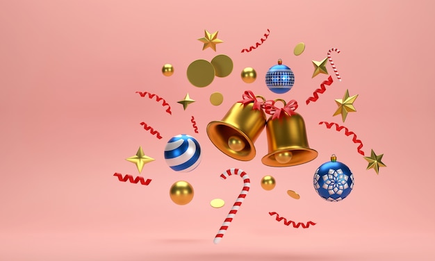 3D. праздничные торжества на новый год и рождество, елочные шары, ленты, подарочные коробки.