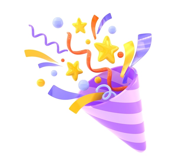 생일이나 새해를 위한 비행 색종이가 있는 3D 축제 폭죽 리본 나선의 폭발과 함께 화려한 파티 포퍼 황금 별과 분야 격리 만화 플래퍼 아이콘