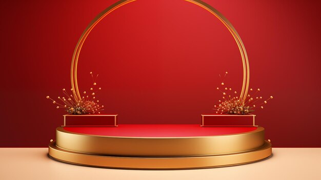3d festive rendering red and gold podium product display montage