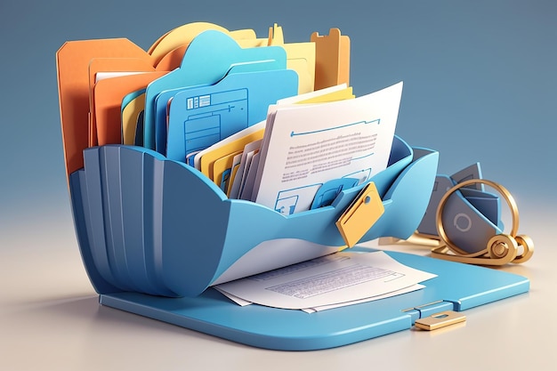 3d file transfer of document in folder file transfer encrypted form connection docs information migration concept access to remote file and folder 3d document exchange vector render illustration