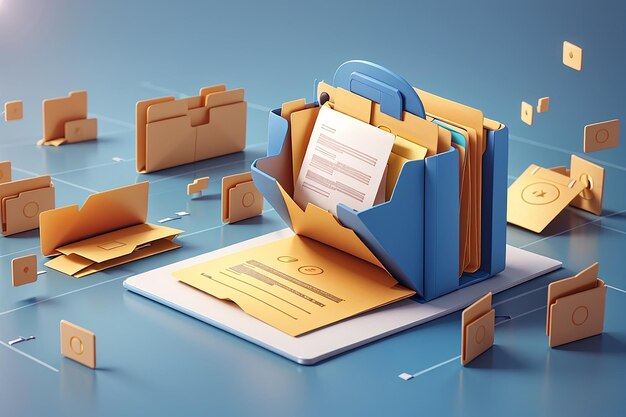 3d file transfer of document in folder file transfer encrypted form connection docs information migration concept access to remote file and folder 3d document exchange vector render illustration
