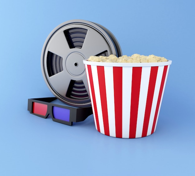 3d Film reel, popcorn and 3d glasses.