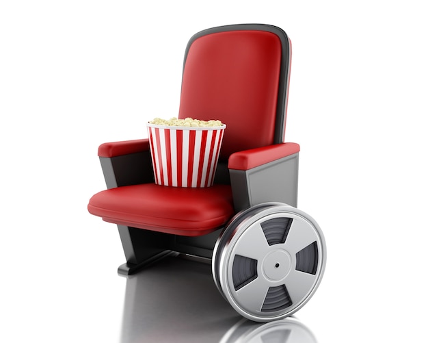 3d Film reel and popcorn on theater seat.