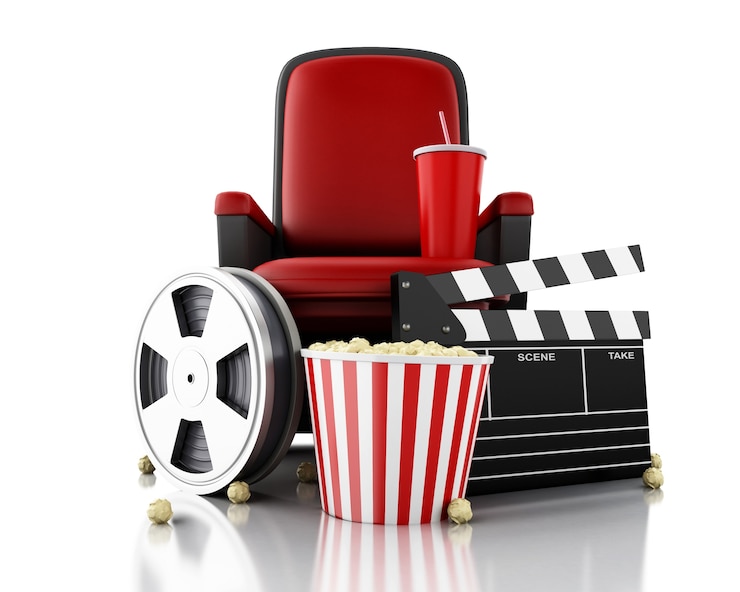 Foto 3d filmrol, popcorn en drank op theaterzetel.