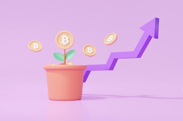 3D Finance trading arrow grow Plant pot money tree with Cryptocurrency or bitcoin on purple background Business profit investment cartoon minimal 3d render illustration