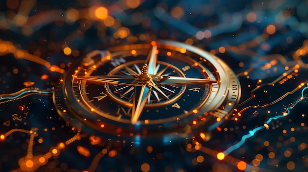 A 3D financial planning compass illustrate style on a blurred star map background