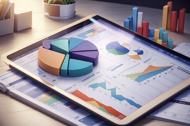 사진 3d 재무 보고서 차트 데이터 분석 및 웹 개발 개념 데이터 차트와 함께 태블릿
