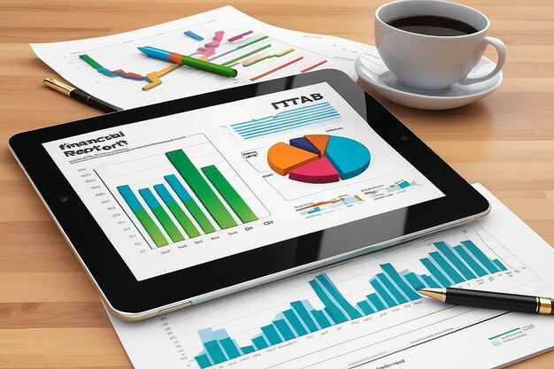 Foto analisi dei dati del grafico di relazioni finanziarie 3d e concetto di sviluppo web tablet con grafico di dati