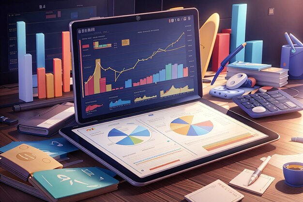 3d financieel rapport grafiek data-analyse en webontwikkeling concept tablet met datagrafiek