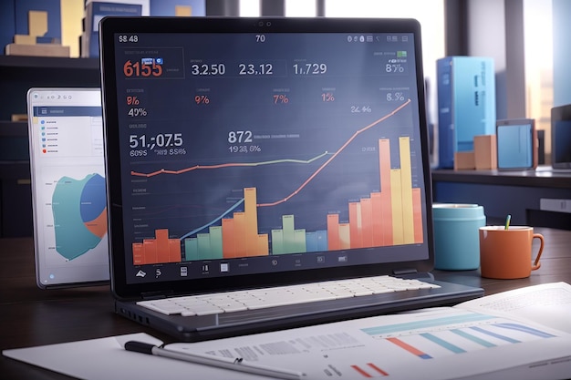 3d financieel verslag grafiek gegevensanalyse en webontwikkeling concept tablet met data grafiek