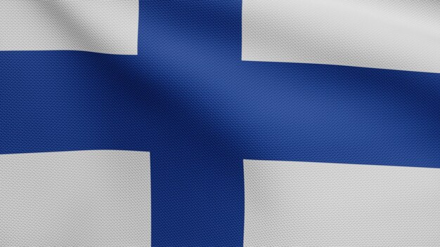 Photo 3d, finlandian flag waving on wind. close up of finland banner blowing, soft and smooth silk. cloth fabric texture ensign background