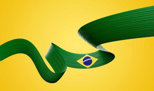 Photo 3d flag of brazil 3d wavy shiny brazil ribbon isolated on yellow background 3d illustration