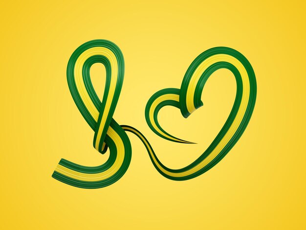 Photo 3d flag of brazil heart shaped shiny wavy awareness ribbon flag on yellow background 3d illustration